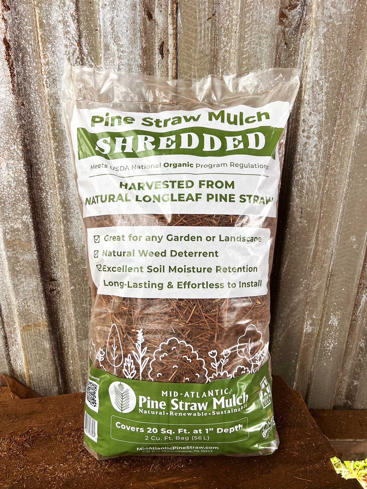 Bag of Shredded Pine Straw used for Mulching Garden Beds and Landscapes