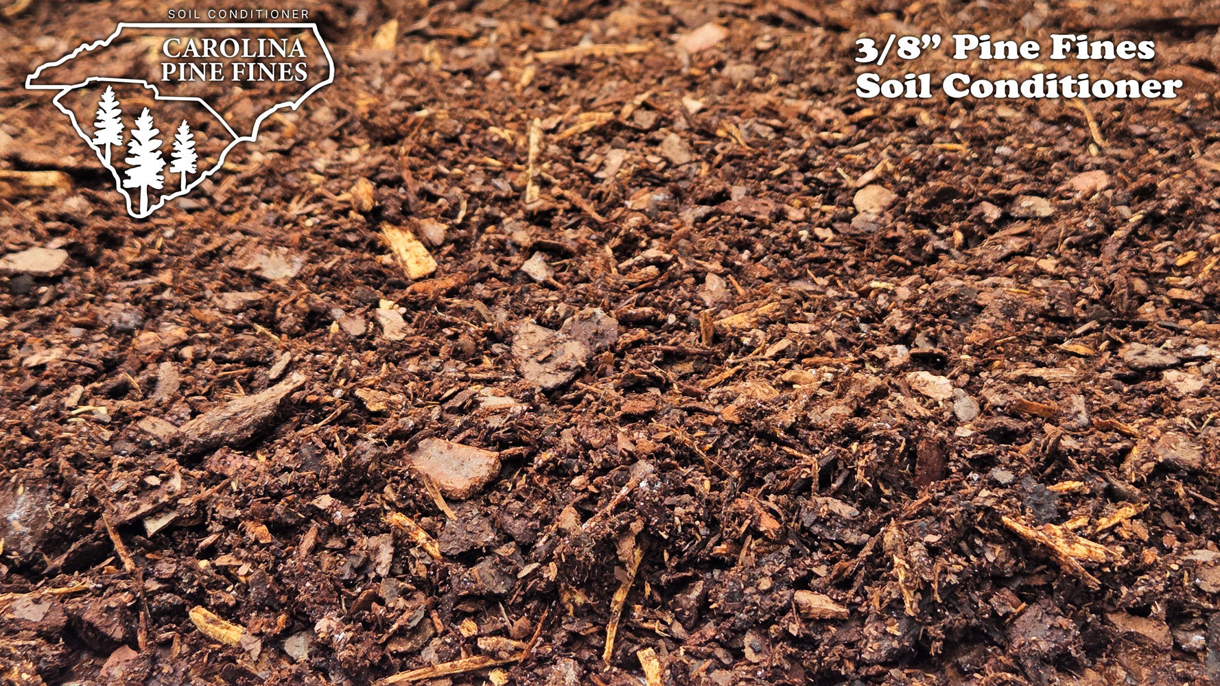 Close-up of dark brown pine-based soil conditioner with visible wood chips and organic fragments. 3/8" Pine Fines